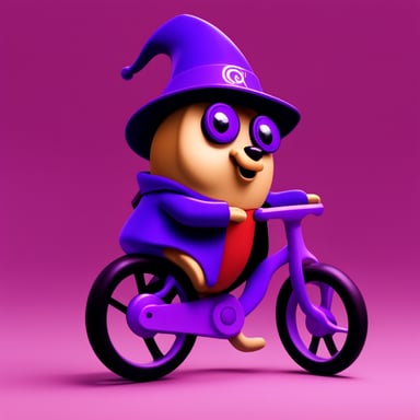 Go Blue Gopher with holographic eyes, a purple wizard hat, and riding a red bike.