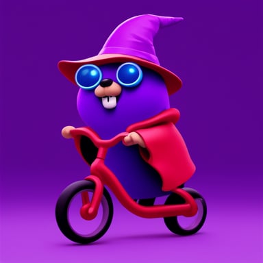 Go Blue Gopher with holographic eyes, a purple wizard hat, and riding a red bike.
