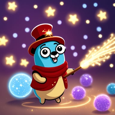 Go Blue Gopher with a wand, throwing sparkles everywhere, making everything look magical.