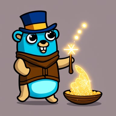 Go Blue Gopher with a wand, throwing sparkles everywhere, making everything look magical, transforms integers and strings to safe numbers.