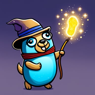 Go Blue Gopher with a wand, throwing sparkles everywhere, making everything look magical, transforms integers and strings to safe numbers.