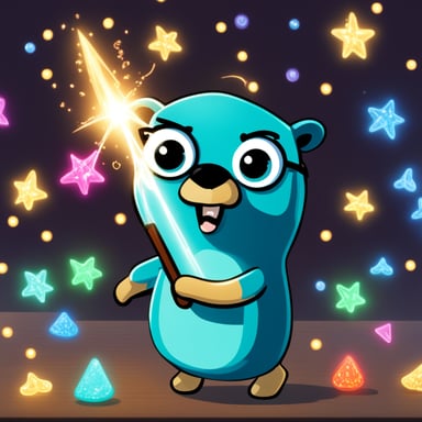 Go Blue Gopher with a wand, throwing sparkles everywhere, making everything look magical, transforms integers and strings to safe numbers.