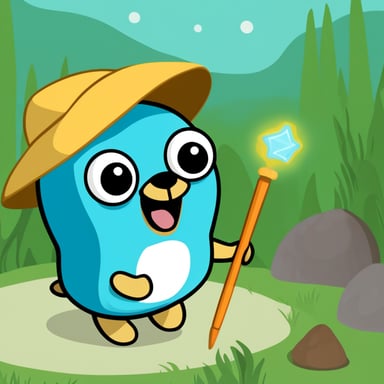 Go Blue Gopher is a blue and smiling gopher with a wand. He is surrounded with digits and transforms them.