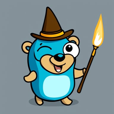 Go Blue Gopher is a blue and smiling gopher with a wand. He is surrounded with digits and transforms them.