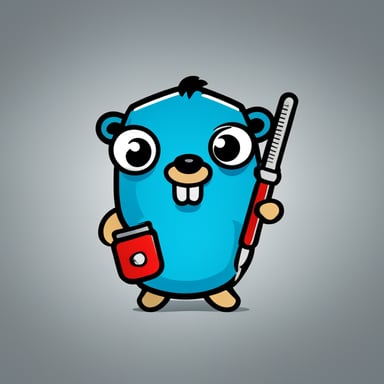A modern, minimalistic logo featuring the Go Blue Gopher holding a small injection needle, stylized as a database testing tool. Flat vector style, bright colors, simple shapes, clean lines. Emphasize friendly and playful but professional.
