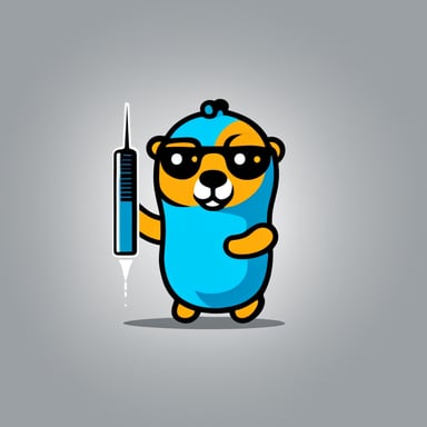 A modern, minimalistic logo featuring the Go Blue Gopher holding a small injection needle, stylized as a database testing tool. Flat vector style, bright colors, simple shapes, clean lines. Emphasize friendly and playful but professional.