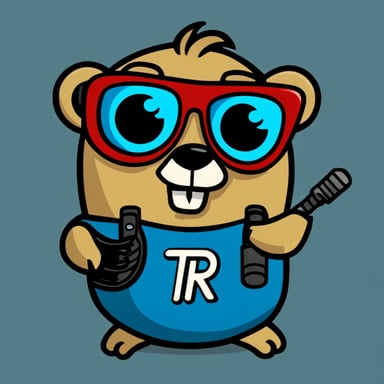 Go Blue Gopher as a happy gopher with a Terminator look and sunglasses, wearing a t-shirt with a metal-like logo reading XR.