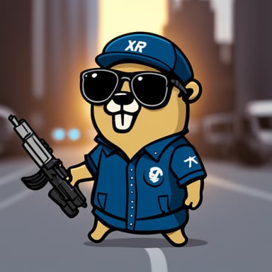 Go Blue Gopher as a happy gopher with a Terminator look and sunglasses, wearing a t-shirt with a metal-like logo reading XR.