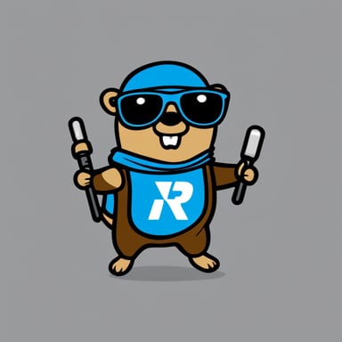 Go Blue Gopher as a happy gopher with a Terminator look and sunglasses, wearing a t-shirt with a metal-like logo reading XR.