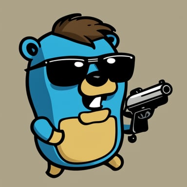 Go Blue Gopher as a happy gopher with a Terminator look and sunglasses, wearing a t-shirt with a metal-like logo reading XR.