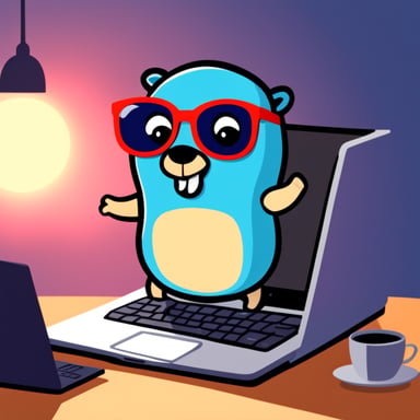 Go blue gopher with glasses and a laptop