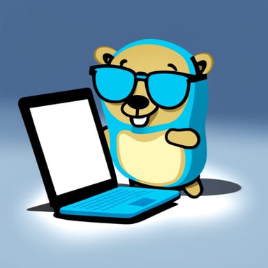 Go blue gopher with glasses and a laptop