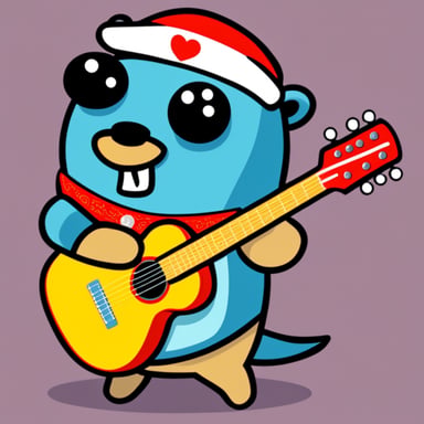 Go blue gopher is playing an electric guitar while wearing a Russian traditional outfit.