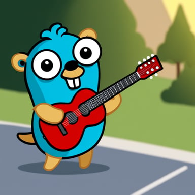 Go blue gopher is playing an electric guitar while wearing a Russian traditional outfit.