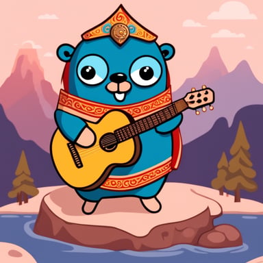 Go blue gopher is playing an electric guitar while wearing a Russian traditional outfit.