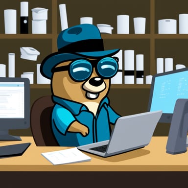 Go Blue Gopher as a cyber research gopher. Wearing glasses, scanning files, and donning a hat.