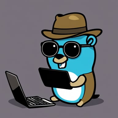 Go Blue Gopher as a cyber research gopher. Wearing glasses, scanning files, and donning a hat.