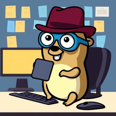 Go Blue Gopher as a cyber research gopher. Wearing glasses, scanning files, and donning a hat.