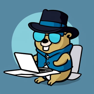 Go Blue Gopher as a cyber research gopher. Wearing glasses, scanning files, and donning a hat.