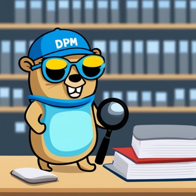 Go Blue Gopher, wearing a t-shirt with the word DSPM, hat, sunglasses, magnifier, coat, and searching in many files.