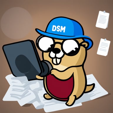 Go Blue Gopher, wearing a t-shirt with the word DSPM, hat, sunglasses, magnifier, coat, and searching in many files.