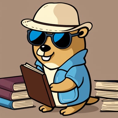 Go Blue Gopher, wearing a t-shirt with the word DSPM, hat, sunglasses, magnifier, coat, and searching in many files.