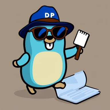 Go Blue Gopher, wearing a t-shirt with the word DSPM, hat, sunglasses, magnifier, coat, and searching in many files.
