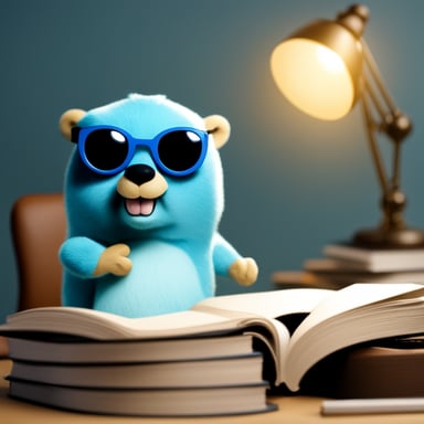 Go Blue Gopher, wearing sunglasses and wielding a magnifier, diligently searches through files.