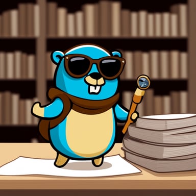Go Blue Gopher, wearing sunglasses and wielding a magnifier, diligently searches through files.