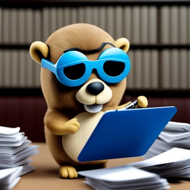 Go Blue Gopher, wearing sunglasses and wielding a magnifier, diligently searches through files.