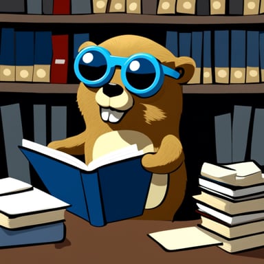 Go Blue Gopher, wearing sunglasses and wielding a magnifier, diligently searches through files.