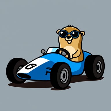Go Blue Gopher driving a race car with high speed, use a transparent background.
