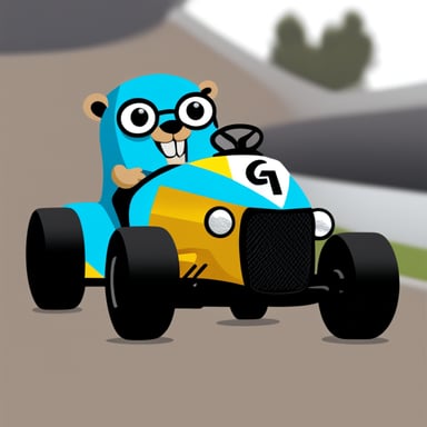Go Blue Gopher driving a race car with high speed, use a transparent background.