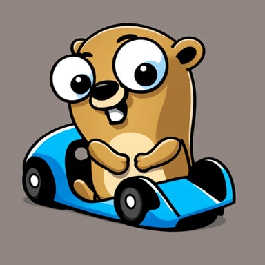 Go Blue Gopher driving a race car with high speed, use a transparent background.