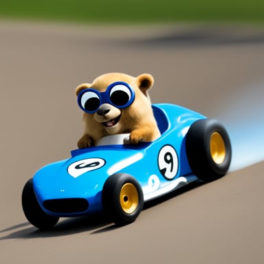 Go Blue Gopher driving a race car with high speed, use a transparent background.