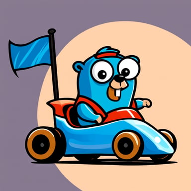 Go Blue Gopher, styled like the original Blue Golang gopher, driving a race car on a transparent background, to be used as an avatar.