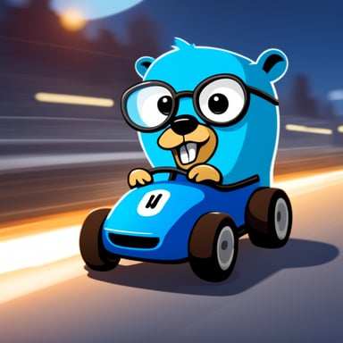 Go Blue Gopher, styled like the original Blue Golang gopher, driving a race car on a transparent background, to be used as an avatar.