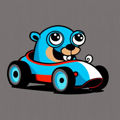 Go Blue Gopher, styled like the original Blue Golang gopher, driving a race car on a transparent background, to be used as an avatar.