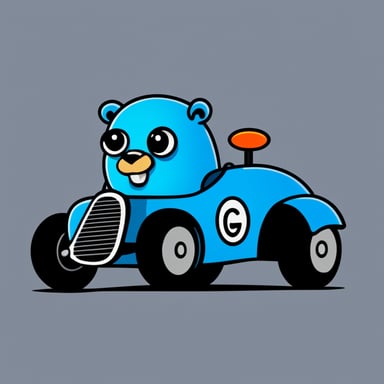 Go Blue Gopher, styled like the original Blue Golang gopher, driving a race car on a transparent background, to be used as an avatar.