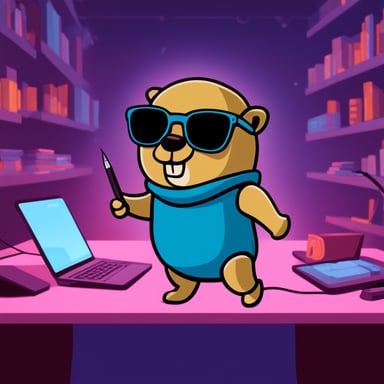 Go Blue Gopher explores a digital world, appearing as a college student with glasses, muscular, and brunet.