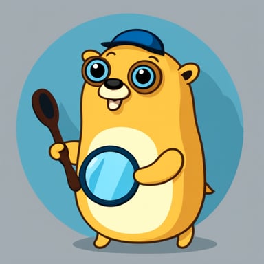 Go Blue Gopher with a magnifying glass flat illustration