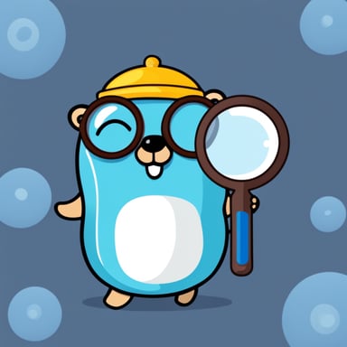 Go Blue Gopher with a magnifying glass flat illustration
