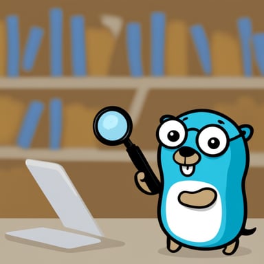 Go Blue Gopher with a magnifying glass flat illustration