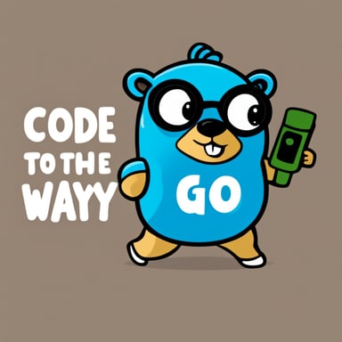 Cartoon Go Blue Gopher with a white t-shirt and with the message: Code The Go Way.