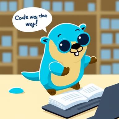 Cartoon Go Blue Gopher with a white t-shirt and with the message: Code The Go Way.