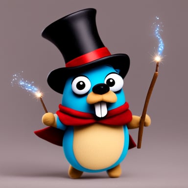 Go Blue Gopher as a magician, wearing a vest and holding a wand over a top hat with three small Go Blue Gophers popping out.