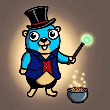Go Blue Gopher as a magician, wearing a vest and holding a wand over a top hat with three small Go Blue Gophers popping out.