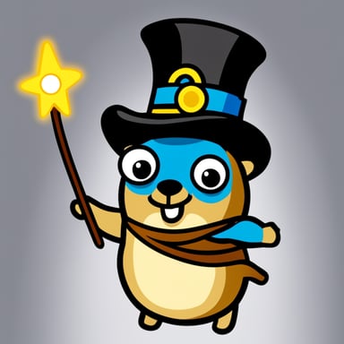 Go Blue Gopher as a magician, wearing a vest and holding a wand over a top hat with three small Go Blue Gophers popping out.