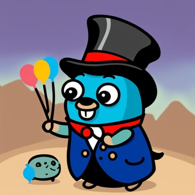 Go Blue Gopher as a magician, wearing a vest and holding a wand over a top hat with three small Go Blue Gophers popping out.