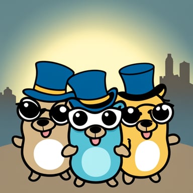 Three Go Blue Gophers popping out of a top hat.